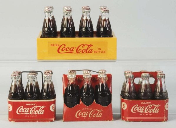 Lot of 4: Coca-Cola Bills Novelties Miniatures.: All are different and a beautiful assortment with strong overall condition and just very light wear on two of the six packs. All the caps are metal and printed with fine detail! 1940s-50s Condition (E