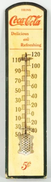 1905 Coca-Cola Wooden Thermometer.: Age toning, light soiling, edge wear and nicks. Condition (Very Good). Size 21" T.