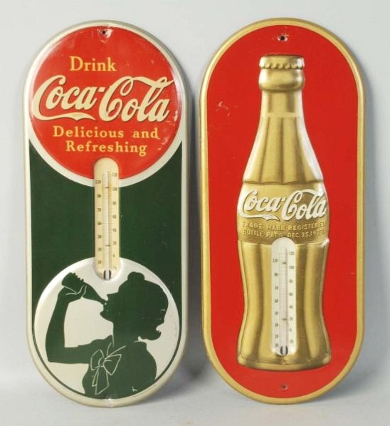 1937 & 1940 Coca-Cola Thermometers.: Minor marks on the gold bottle version and heavier wear with dents at holes on the 1940, with broken tube. Condition (Very Good - Excellent). Size Each: 16" T.