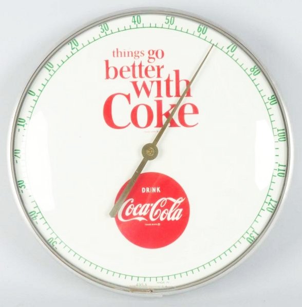 1960s Coca-Cola Thermometer.: Just a few tiny spots on face and light rear surface rust. Condition (Near Mint). Size 12 - 1/2" Dia.