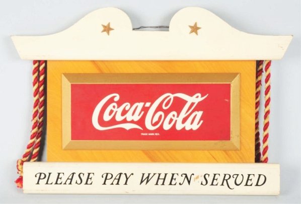 1950s Coca-Cola Kay Sign.: Complete with original rope trim. A few nicks and marks with just light wear or soiling. Not often found. Condition (Excellent). Size 19 - 3/4" x 14 - 3/4".