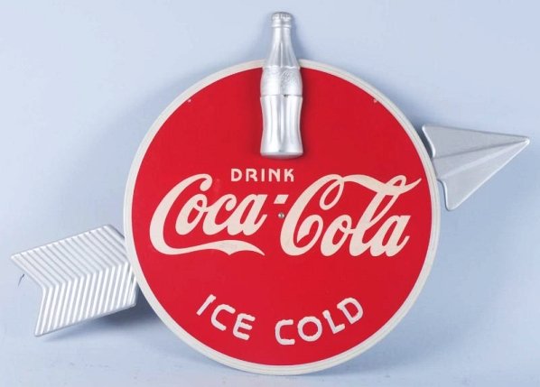 1930s Coca-Cola Plywood & Metal Sign.: Kay Displays. All metal paint is original and nice with just a small spot or two of pitting on the bottle. A few tiny surface rubs on wood portion with typical light wood graining, but far less than a