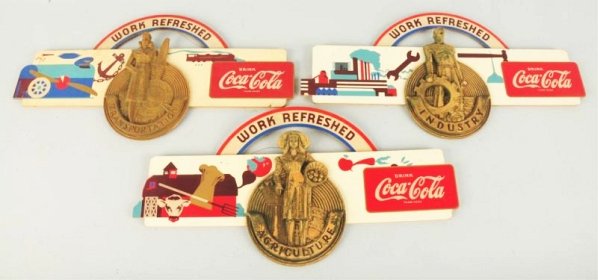 1940s Coca-Cola Set of 6 Kay Displays Signs.: Very difficult to find a grouping and this is a great set. Only light to moderate marks or wear on the plywood signs. The gold wash on the centerpieces is worn on most, but easily repainted and restor