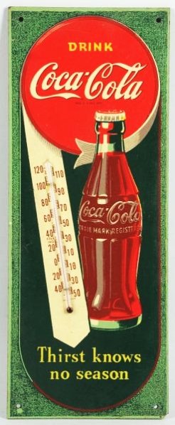 1940s Masonite Coca-Cola Thermometer.: Strong example, with great color and sheen lightest edge nicks and tiny lower corner chip. Condition (Near Mint). Size 17" x 6 - 3/4".