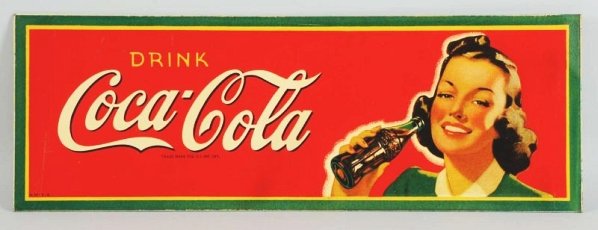 1945 Masonite Coca-Cola Sign.: A few minor surface marks/lines, with a manufacturer blemish line lower left corner area. Displays wonderfully Condition (Near Mint). Size 34" x 12".