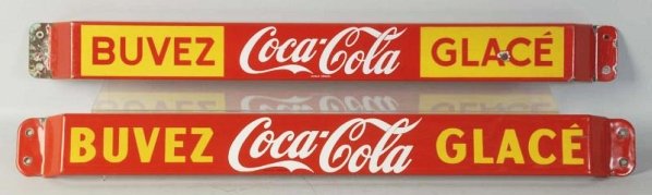 1950s French Canadian Coca-Cola Push Bars.: Porcelain. One has a few nicks, the other more chipping and dark marks. Condition (Very Good - Excellent). Size Largest: 31 - 1/2" L.