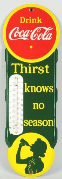 1939 Coca-Cola Porcelain Thermometer.: Filled and touched up nicely at much of edge and at bottom mounting hole. Condition (Very Good - Excellent). Size 18" T.