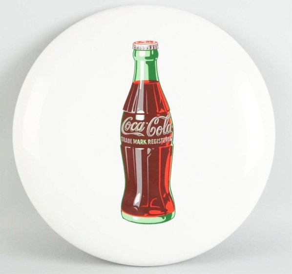 1950s Porcelain Coca-Cola Button.: Very clean and shiny with just a few small outer edge chips and edge wear of a light variety. Condition (Excellent - Near Mint). Size 24" Dia.