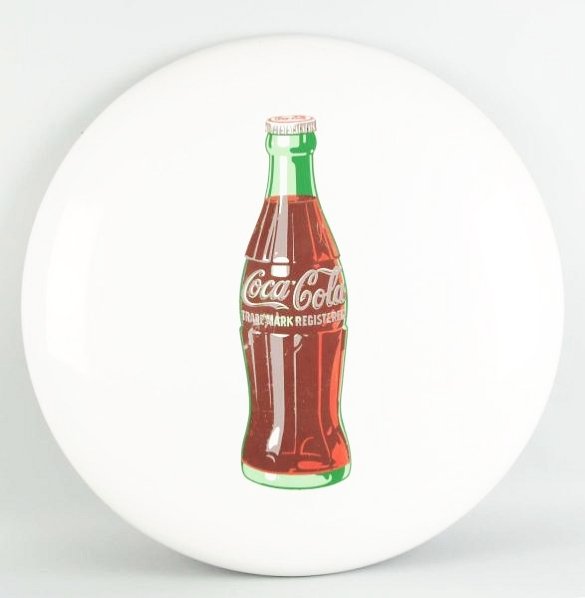 1950s Porcelain Coca-Cola Button.: Small chips and nicks with wear on the bottle. Larger edge chips and edge marks. Condition (Very Good). Size 36 - 1/4" Dia.