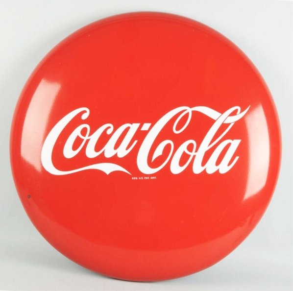 Plain Porcelain 1950s Coca-Cola Button.: Small chips/nicks on the face, with edge chips and stains and one dent at edge Condition (Very Good Plus). Size 36" Dia.