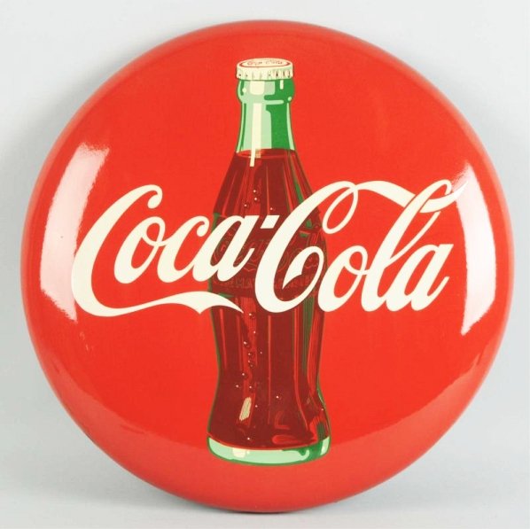 1950s Porcelain Coca-Cola Button.: A few small chips and nicks, with most at edges and holes clear coated. Condition (Very Good). Size 24" Dia.