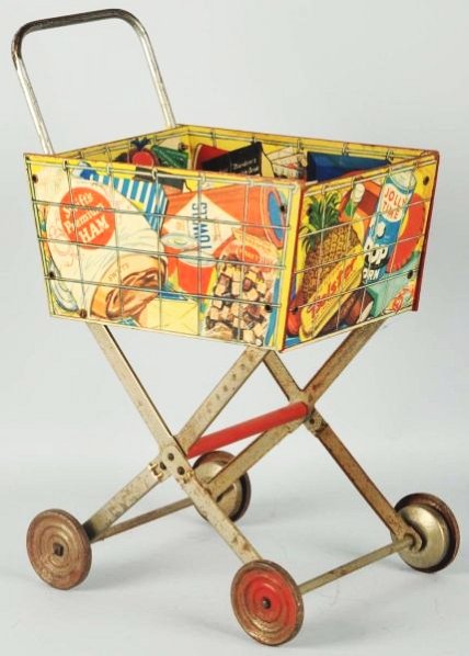 1950's Coca-Cola Toy Shopping Cart.: Includes lots of miniature boxed groceries. Moderate wear and surface rust on most metal parts. Condition (Very Good). Size 20 - 1/4" T.