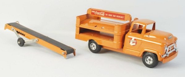 1959 Orange Buddy-L Coca-Cola Truck.: Comes with conveyor accessory. Small scratches and marks. Light wear. Condition (Excellent). Size 14 - 3/4" L.