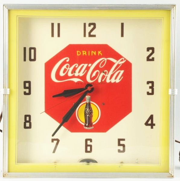 1940's Lackner Coca-Cola Neon Clock.: Great example which runs and lights nicely with just light wear and small nicks in paint on yellow band in two spots at bottom. The face is as bright and clean as you will find! Condition (Near Mint).