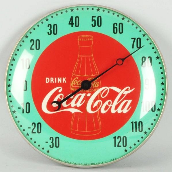 1948 Coca-Cola Pam Thermometer.: Medium interior lens dust and soiling. Condition (Excellent). Size 12" Dia.