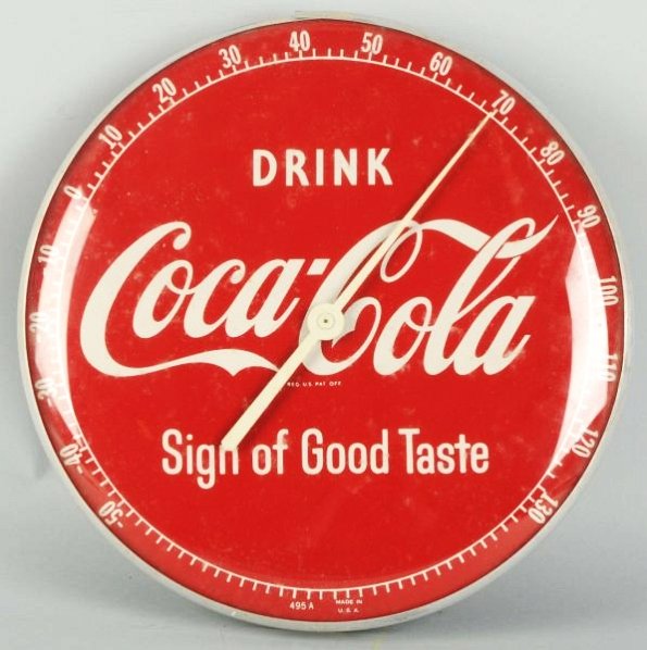 1957 Coca-Cola Dial Thermometer.: No face wear, but paint on outer frame and interior removable lens soiling. Condition (Very Good). Size 12" Dia.