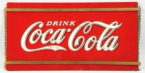 1930s Brunhoff Coca-Cola Reverse Glass Sign.: Displays fine, but there are a few bottom edge chips and nicks in glass, with some scattered flaking and lifting of paint, especially in white logo areas. Chrome plating on metal accents is mostly gon