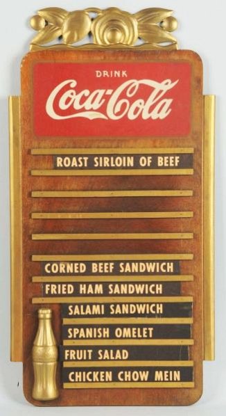 1930s Coca-Cola Kay Menu Board.: Gold, red, and white highlights professionally and beautifully freshened! Trade mark in tail looks like factory and may be. Mild discoloration and toning differences on the wood finish displays beauti
