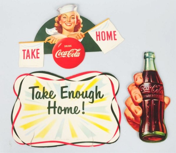 1952 Coca-Cola 6 Pack Rocking Display Signs.: Complete with battery operated motor and base assembly and “Take enough home” back card. The hand and bottle and sailor girl can be interchanged in the rocker arm for display. All are like new! Co