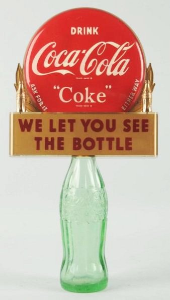 1950's Coca-Cola Bottle Topper Display.: Plastic and metal with light wear only and some discoloration with lettering due to separation of paint. But not prone to flaking. Condition (Excellent). Size 13 - 1/4" T.