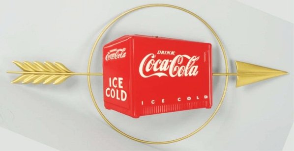 1930s Coca-Cola Embossed Tin Cooler & Arrow.: Well-done total restoration. Condition (Near Mint). Size 31 - 1/2" L.