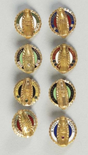 Lot of 8: Coca-Cola Service Pins.: 5-10-15-20-25-25-30-35 year pins represented and most are nearly perfect condition. Condition (Near Mint). Size Each: 1/2" Dia.