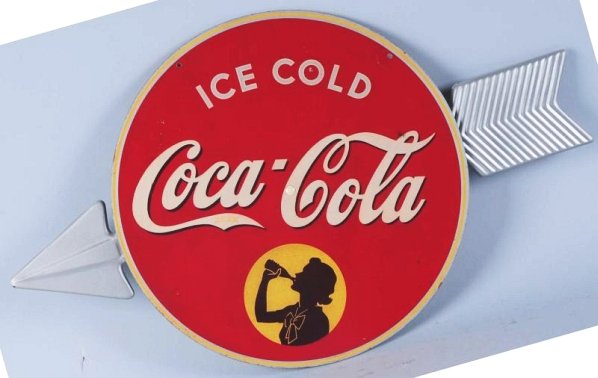 Late 1930s Metal & Masonite Coca-Cola Sign.: Kay Displays. Arrow is nicely repainted and the sign presents well with light wear, a few smaller surface marks, and two neatly drilled holes to accommodate hanging. Condition (Excellent). Size 28 - 1