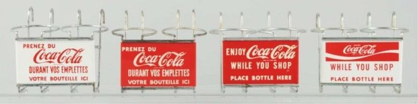 Lot of 4: 1950s-70s Coca-Cola Bottle Holders.: For shopping cart use, in English and French Clean signs with light wear on metal parts. Condition (Near Mint). Size Each: 5 - 1/2" L.