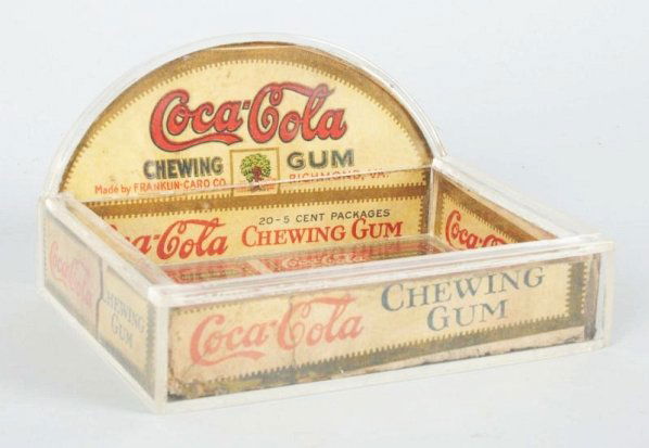 C.1920s Coca-Cola Chewing Gum Display Box.: Nicely presented under/inside a Lucite protective box. The box is printed off register a bit, but does not greatly diminish display. Light to moderate soiling and wear, small bends and clean side flap