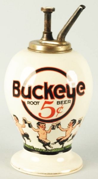 Buckeye Root Beer Syrup Dispenser.: Beautiful. With image of Satyrs around perimeter. Condition (Excellent). Size 14 - 3/4" T.