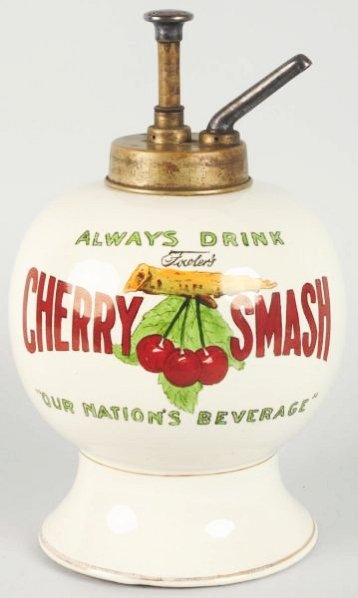 Cherry Smash Ceramic Syrup Dispenser & Pump.: Original marked pump and circa 1920. Strong and clean and as nice an example as you might find with just a few factory blemishes. Condition (Near Mint). Size 14 - 1/2" T.