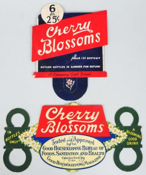 Lot of 2: Cdbd Cherry Blossoms Bottle Toppers.: 1920s-40s. Light soiling and stains and just minor wear. Condition (Excellent). Size Largest: 11 - 1/2" L.