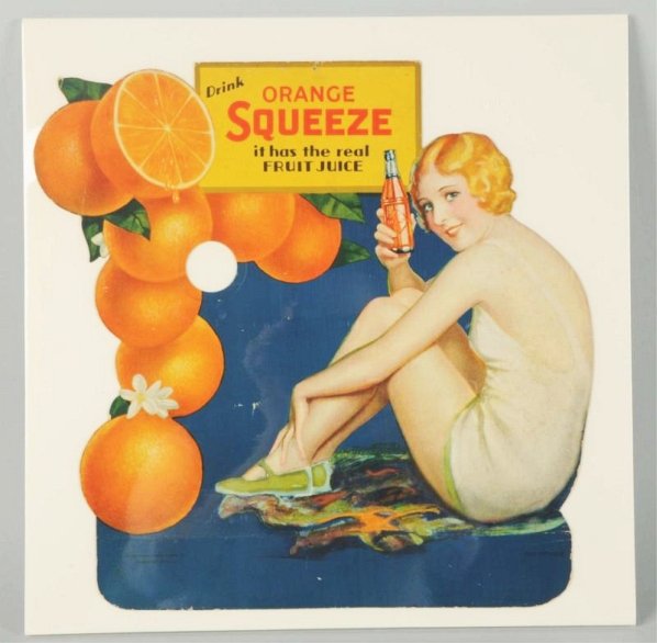 Orange Squeeze 1931 Cardboard Bottle Display.: A few small nicks, light soiling, minor marks. Condition (Excellent). Size 12 - 1/2" x 13".