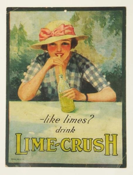 1920s-30s Lime Crush Cardboard Sign.: Artwork by Norman Rockwell. Edge wear, a few small marks and pencil marked name erasure. Condition (Very Good ). Size 12" x 9".