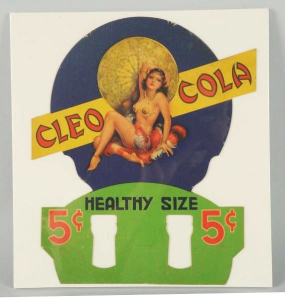 1920s-30s Cleo Cola Double Bottle Topper.: Light soiling and edge marks, with pretty art. Rare item. Condition (Near Mint). Size 10 - 1/4" T.