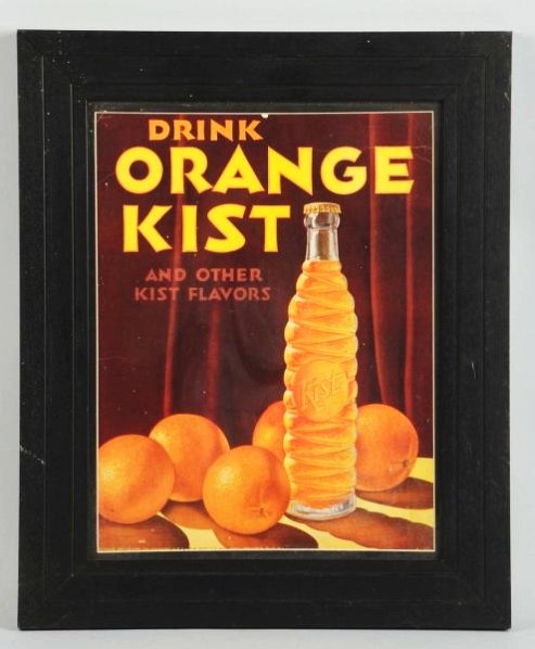 1940s Orange Kist Cardboard Sign.: Framed under glass nearly no wear and just a few surfaces bends lines. Condition (Near Mint). Size 17 - 1/2" x 14 - 1/2".