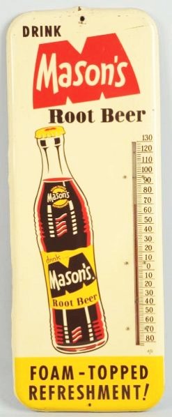 1950s Embossed Tin Masons Root Beer Thermometer.: Light edge and border area wear and marks. Condition (Excellent). Size 25 - 1/2" T.