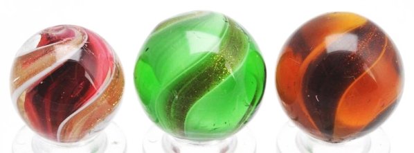 Lot of 3: Ribbon Lutz Marbles.: The smallest is a red ribbon. The second is Root Beer Glass Ribbon Lutz and the largest is a Green Glass Ribbon Lutz. All three have been polished some damage still present on Green Glass and Red Ribb