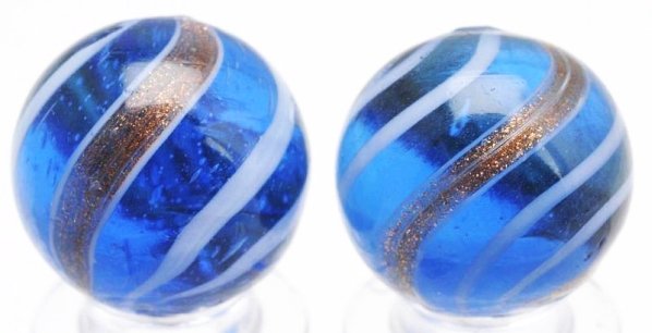 Lot of 2: Blue Glass Banded Lutz Marbles.: Both with a blue transparent base and white bands. Both have minor chips. Condition (8.8). Size 3/4" + Dia.