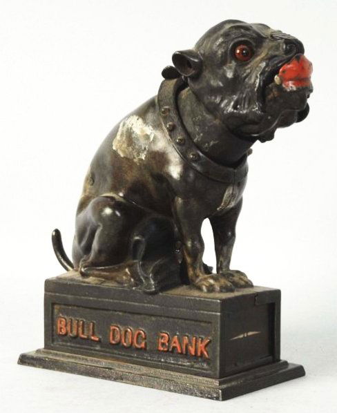 Cast Iron Bull Dog Mechanical Bank.: J. & E. Stevens, original tail, replaced eyes, mouth black lights two tone red appears repainted. Condition (Very Good). Size 8" T.