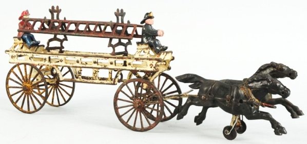 Cast Iron Horse-Drawn Fire Ladder Toy.: Two articulated horses pulling a ladder wagon. Looks to have original ladders. Two firemen are not original and one has a broken hand which is missing. Possibly a marriage for front and back end. Mode