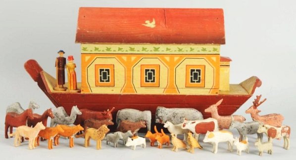 Erzebirge Noah's Ark.: California. 1890-1910, Germany. Hand-painted wood with sliding side door to access inside, dove painted on roof, with 40 pairs of animals and Noah & Mrs. Noah. 2” crack on roof. This is a fabulous a