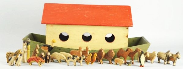 Antique Folk Art Noah's Ark.: All wooden ark with removable roof and tray inside to hold accessories, Noah, Mrs. Noah and 27 carved flat wood and painted animals (some paint chipping to animals, normal wear on ark). Very large men