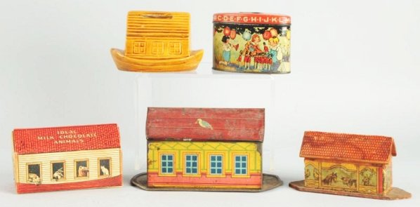 Lot of 5: Antique Noah's Arks.: Tin penny bank with Noah’s Ark motif; small wood lithographed ark; yellow ceramic bank; Noah’s Ark tin from W. R. Jacob & Co. Biscuit Manufacturer Dublin; paper candy container for Ideal Milk Choc