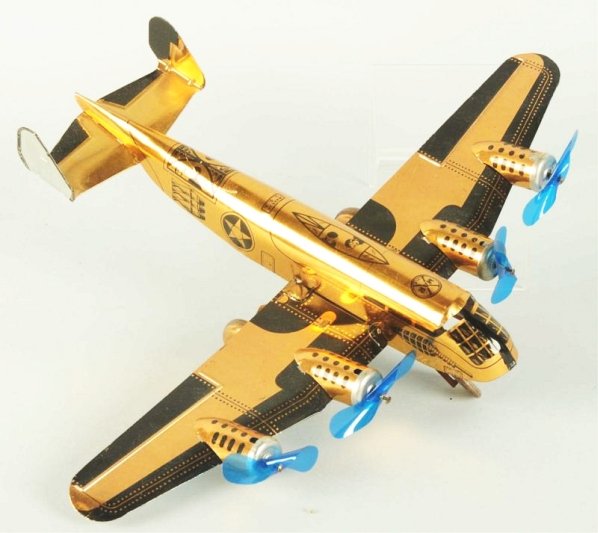 Marx Tin Litho Wind-up Airplane Toy.: Army bomber version. Four props in front. Nice gold lithography. Original front wheel. Minor scratching and wear. Props look to be replacements. Condition (Excellent). Size 18 - 1/4" Wingspan.