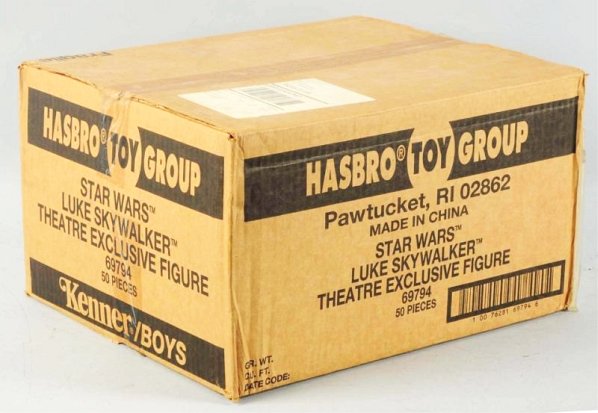 Sealed Case of Hasbro Star Wars Theatre Figures.: Special figures made to celebrate the new Star Wars movie circa 1990 given out in California theaters. There is 50 figures inside unopened case. Marked Hasbro Toy Group. Star Wars Luke Sky Walker Thea