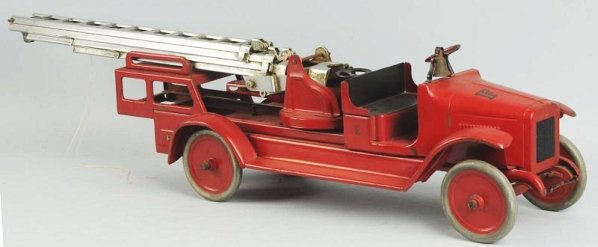 Pressed Steel Buddy L Fire Ladder Truck.: With decals on front. Oxidation and some repaint to ladders. Full repaint to an all-original truck. Condition (Very Good). Size 29 - 1/2" L.