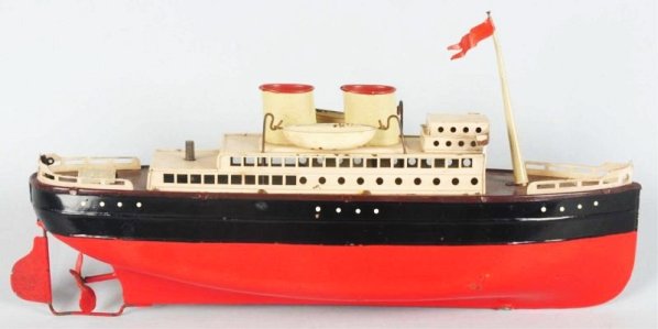 German Fleischmann Tin Clockwork Ocean Liner.: Marked GFN on front decal. Top of deck has one original mast with flag and two original lifeboats. Although, one lifeboat has a small piece broken off that hooks onto hanger. Also, missing dock flag a