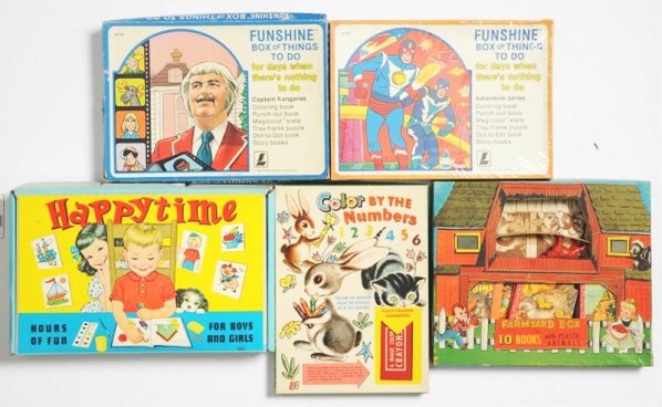 Lot of 5: Samuel Lowe Boxed Book & Activity Sets.: This lot is from the Samuel Lowe publishing archive. Included are the Farmyard Box which includes 10 miniature books and several plastic toy animals. Also included is a 1960s boxed set titled Happy ti