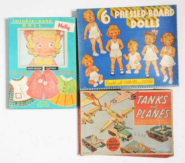 Lot of 3: Samuel Lowe Paper Doll & Punchout Sets.: This lot is from the Samuel Lowe publishing archive. This lot includes a 1953 titled Tanks and Planes. It includes two punch out tanks and an airplane. We don't believe this set is complete. Also incl